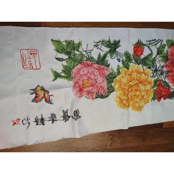 Chinese hand Floral Peony Tapestry embroidery Textile Panel 41 X 16 Colorful - Picture 15 of 15